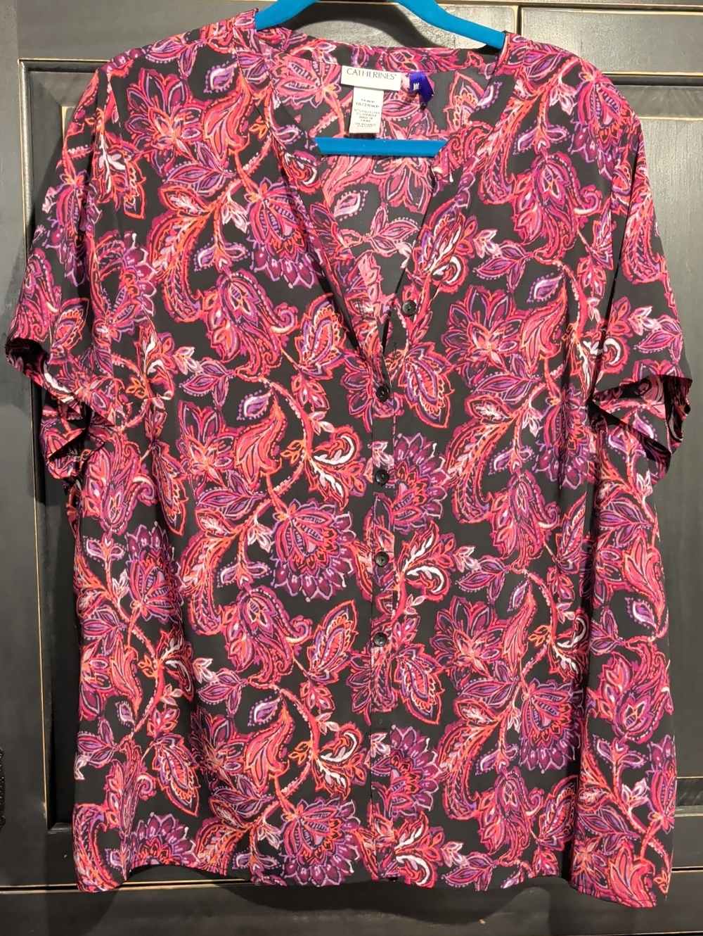 Catherines Pink & Purple Paisley V-Neck Button Front Blouse *Petite*